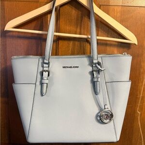 Michael Kors Pale Blue Saffiano Leather Tote with Logo Charm